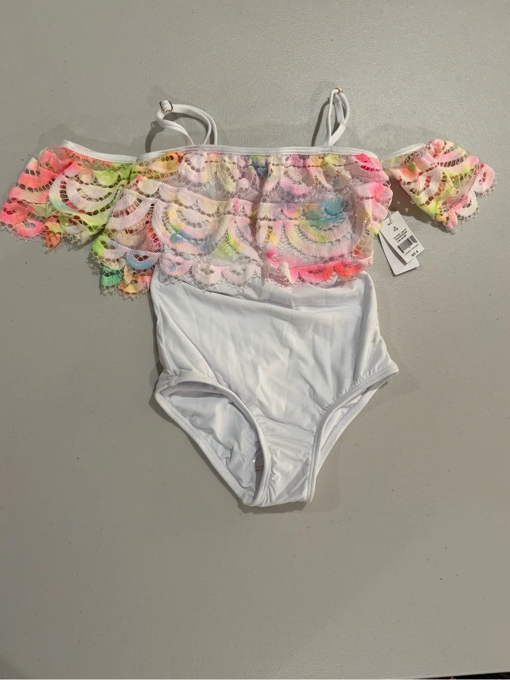 Pilyq White One-Piece Swimsuit with Neon Lace Ruffle